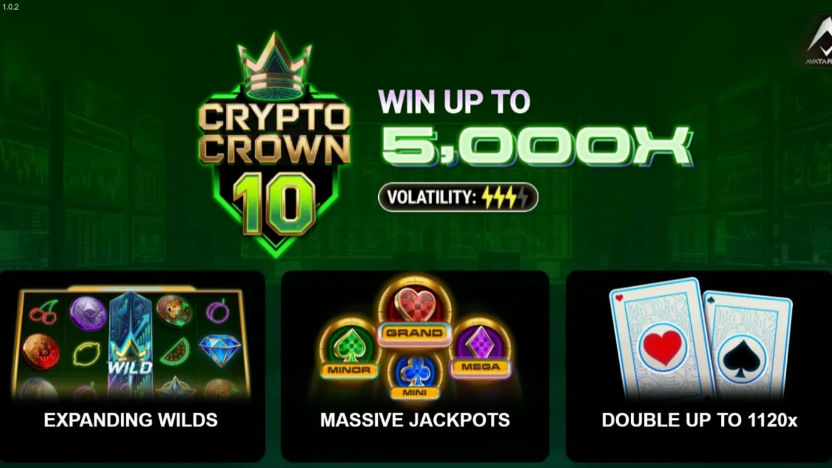 Tampilan antarmuka futuristik slot Crypto Crown 10 dengan simbol kripto dan buah neon
